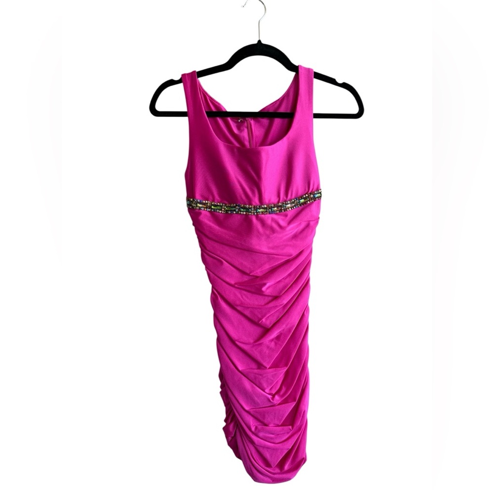 Vibrant Fuchsia Sleeveless Mini Dress with Iridescent and colored Rhinestones